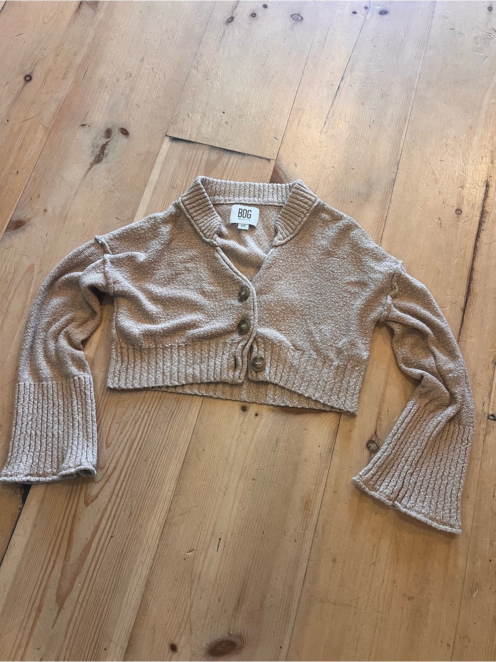 BDG Cropped Ribbed Button-Front Cardigan in Beige-Tan